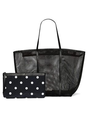 NWT Victoria secret 2 pc set black mesh tote & polka dotes pouch 14.5”x9.3”x9.8”
